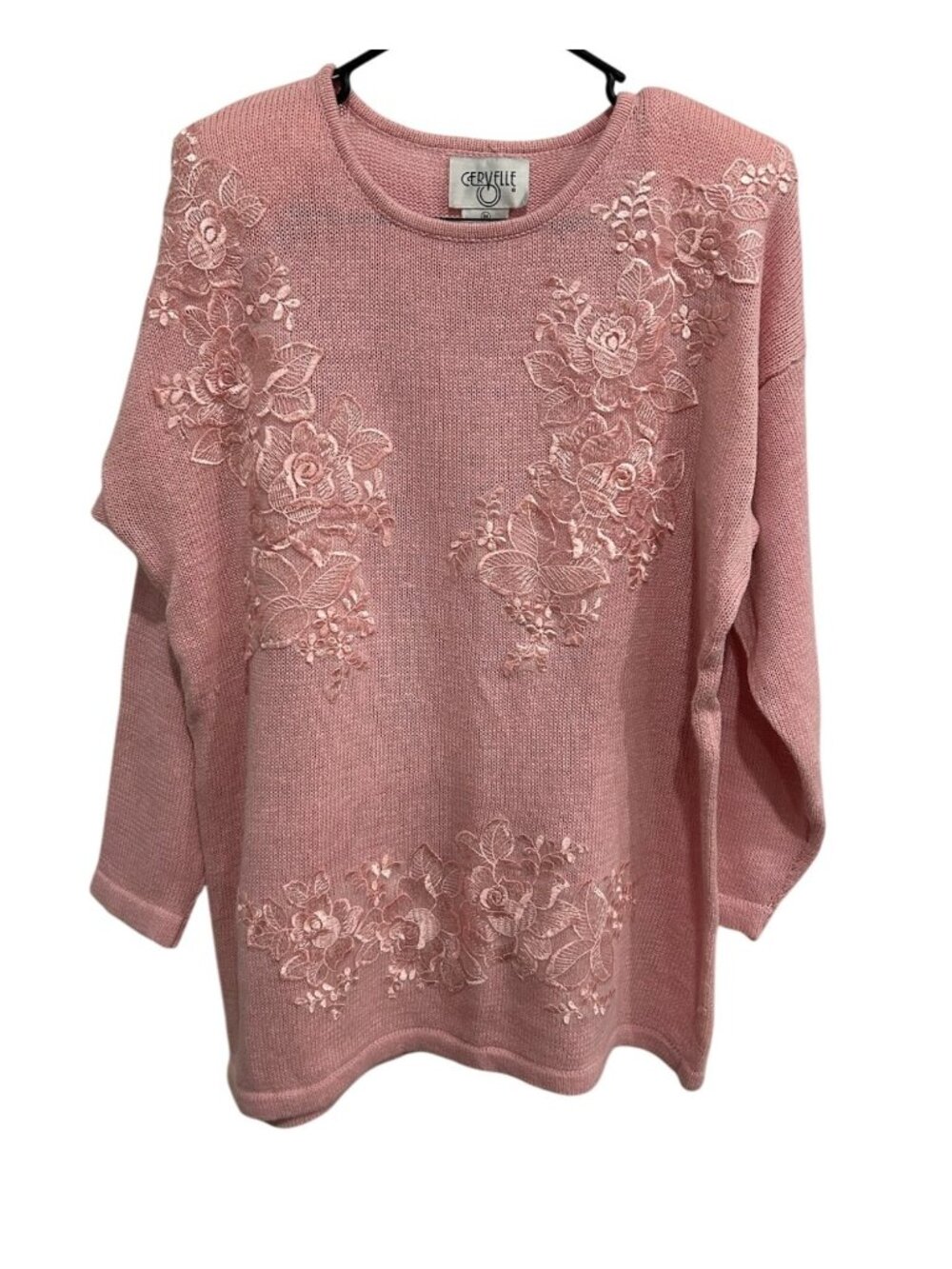Cervelle Pink Embroidered Floral Sweater Long Sleeve Knit Pullover Sz Medium